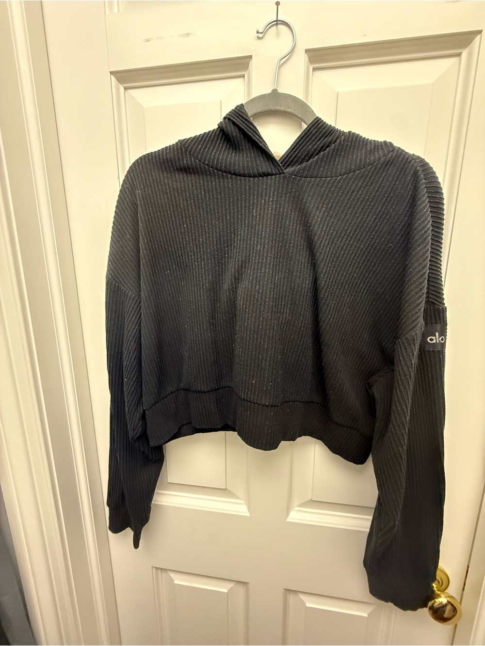 ALO Yoga Black Ribbed Cropped Hoodie